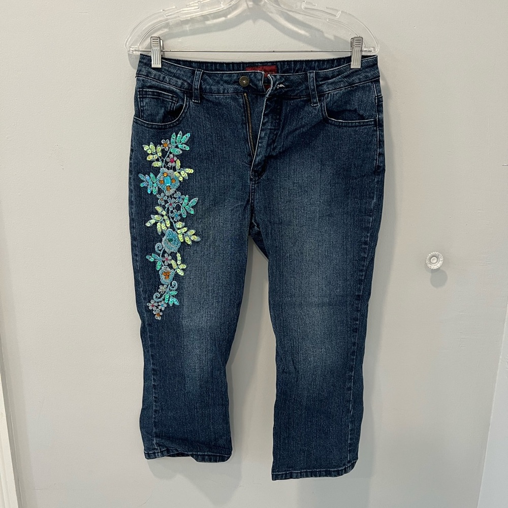 Floral Embroidered Blue Capri Jeans
